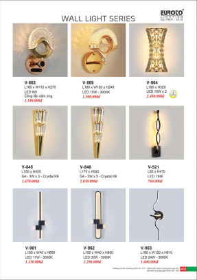 Đèn vách pha lê Euroto V-863, V-869, V-845, V-846, V-961, V-962, V-963, V-964, V-521