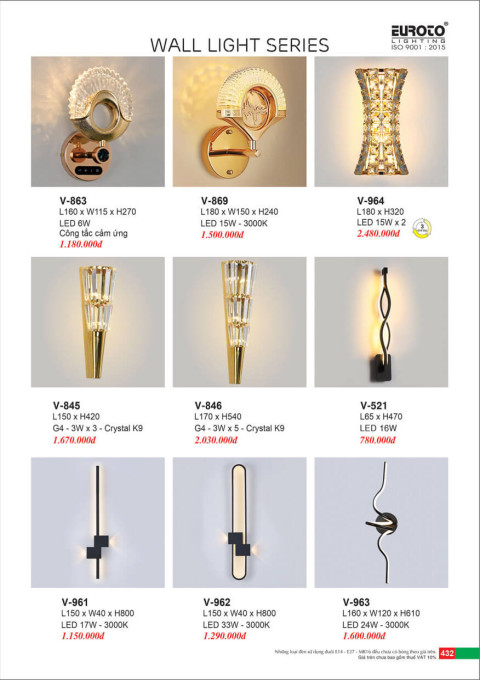 Đèn vách pha lê Euroto V-863, V-869, V-845, V-846, V-961, V-962, V-963, V-964, V-521