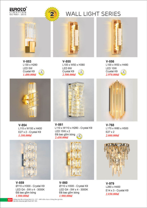 Đèn vách pha lê Euroto V-853, V-854, V-855, V-856, V-859, V-860, V-861, V-768, V-979