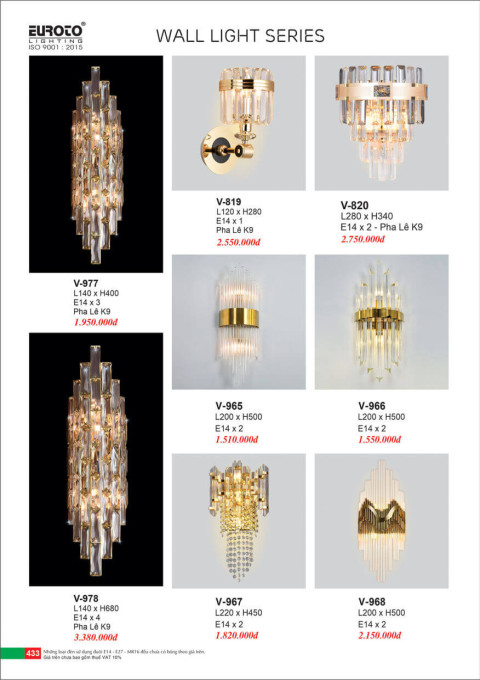 Đèn vách pha lê Euroto V-819, V-820, V-865, V-866, V-867, V-868, V-977, V-978