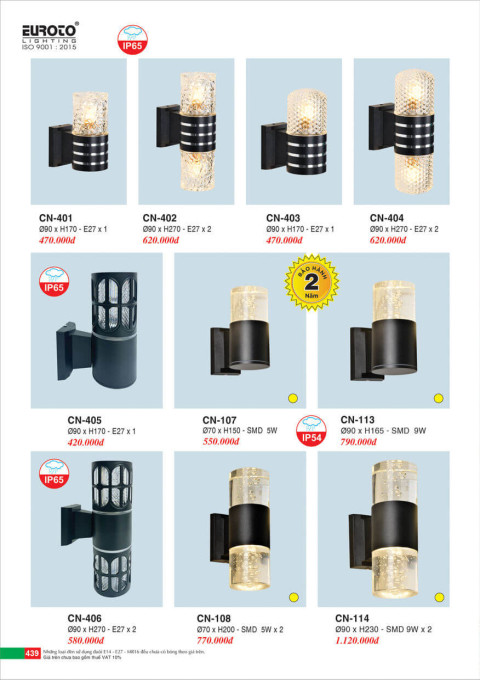 Đèn vách Euroto CN-401, CN-402, CN-403, CN-404, CN-405, CN-406, CN-107, CN-108, CN-113, CN-114