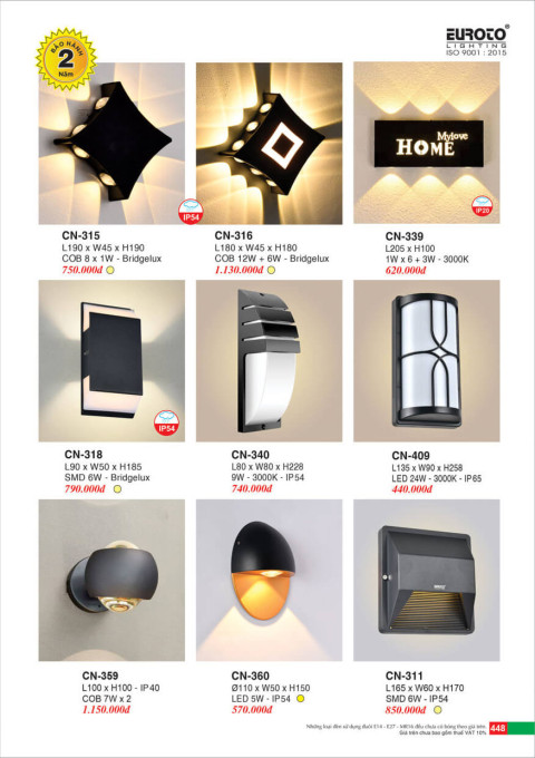 Đèn vách Euroto CN-315, CN-316, CN-318, CN-339, CN-340, CN-359, CN-360, CN-331, CN-409