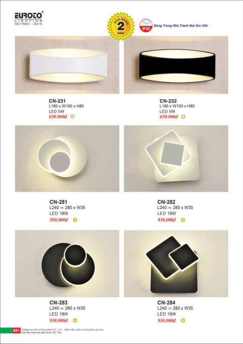 Đèn vách Euroto CN-231, CN-232, CN-281, CN-282, CN-283, CN-284