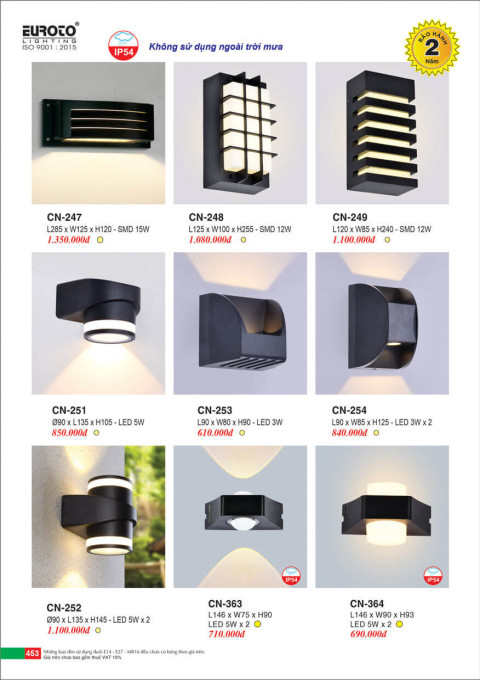 Đèn vách Euroto CN-247, CN-248, CN-249, CN-251, CN-252, CN-253, CN-254, CN-363, CN-364