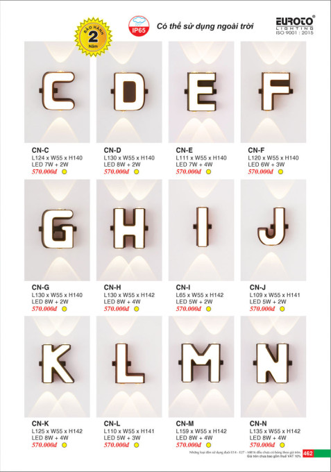 Đèn vách Euroto chữ CN-C, CN-D, CN-E, CN-F, CN-G, CN-H, CN-I, CN-J, CN-K, CN-L, CN-M, CN-N