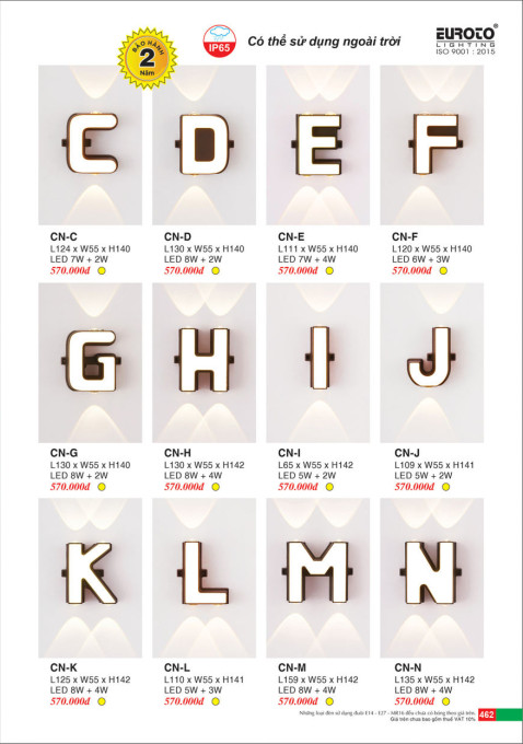 Đèn vách Euroto chữ CN-C, CN-D, CN-E, CN-F, CN-G, CN-H, CN-I, CN-J, CN-K, CN-L, CN-M, CN-N