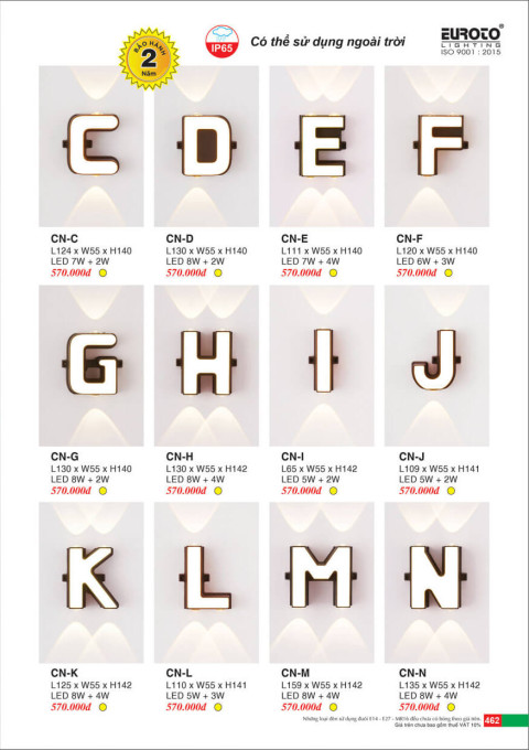 Đèn vách Euroto chữ CN-C, CN-D, CN-E, CN-F, CN-G, CN-H, CN-I, CN-J, CN-K, CN-L, CN-M, CN-N