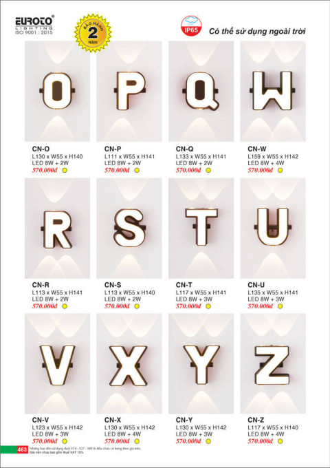 Đèn vách Euroto chữ CN-O, CN-P, CN-Q, CN-W, CN-R, CN-S, CN-T, CN-U, CN-V, CN-X, CN-Y, CN-Z