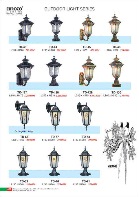 Đèn trụ Euroto TD-43, TD-44, TD-45, TD-46, TD-127, TD-128, TD-129, TD-130, TD-56, TD-57, TD-58, TD-69, TD-70, TD-71