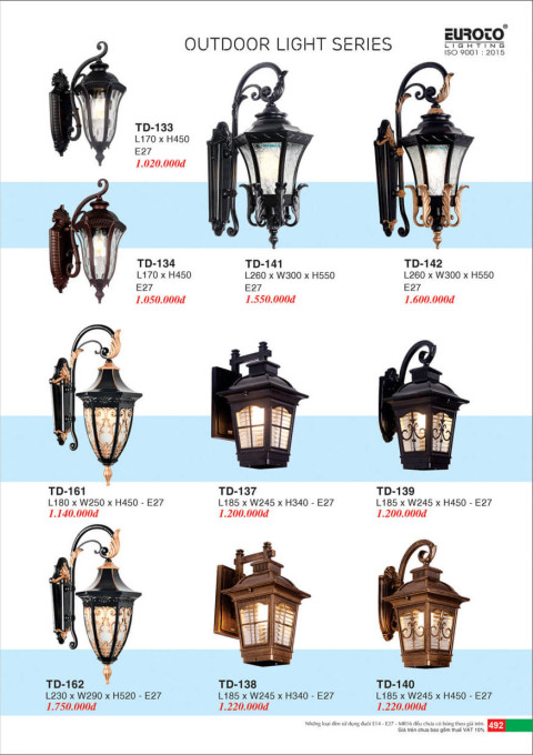 Đèn trụ Euroto TD-133, TD-134, TD-141, TD-142, TD-161, TD-162, TD-137, TD-138, TD-139, TD-140
