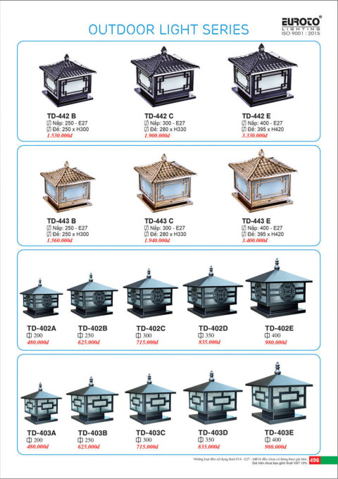 Đèn trụ Euroto TD-442 B, TD-442 C, TD-442 E, TD-443 B, TD-443 C, TD-443 E, TD-402 A, TD-402 B, TD-402 C, TD-402 D, TD-402 E, TD-403 A, TD-403 B, TD-403 C, TD-403 D, TD-403 E