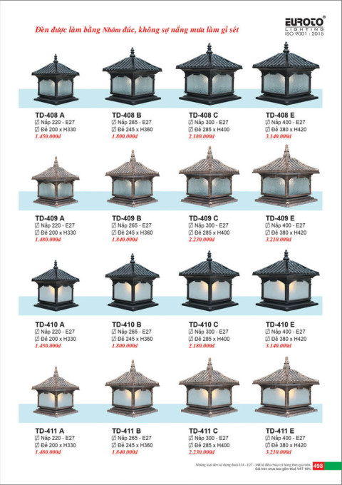 Đèn trụ Euroto TD-408 A, TD-408 B, TD-408 C, TD-408 E, TD-409 A, TD-409 B, TD-409 C, TD-409 E, TD-410 A, TD-410 B, TD-410 C, TD-410 E, TD-411 A, TD-411 B, TD-411 C, TD-411 E