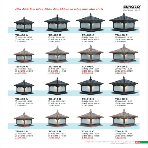 Đèn trụ Euroto TD-408 A, TD-408 B, TD-408 C, TD-408 E, TD-409 A, TD-409 B, TD-409 C, TD-409 E, TD-410 A, TD-410 B, TD-410 C, TD-410 E, TD-411 A, TD-411 B, TD-411 C, TD-411 E