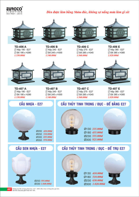 Đèn trụ Euroto TD-406 A, TD-406 B, TD-406 C, TD-406 E, TD-407 A, TD-407 B, TD-407 C, TD-407 E, cầu nhựa, cầu thủy tinh, cầu sen nhựa
