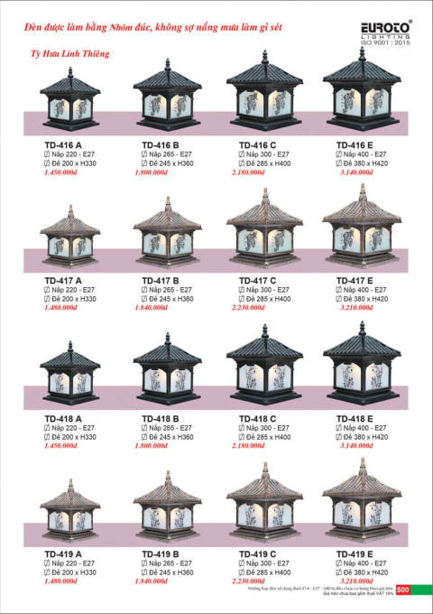 Đèn trụ Euroto TD-416 A, TD-416 B, TD-416 C, TD-416 E, TD-417 A, TD-417 B, TD-417 C, TD-417 E, TD-418 A, TD-418 B, TD-418 C, TD-418 E, TD-419 A, TD-419 B, TD-419 C, TD-419 E