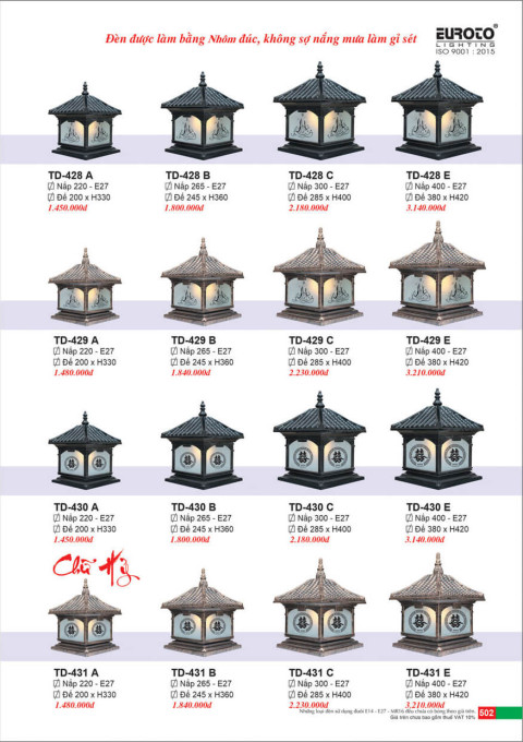 Đèn trụ Euroto TD-428 A, TD-428 B, TD-428 C, TD-428 E, TD-429 A, TD-429 B, TD-429 C, TD-429 E, TD-430 A, TD-430 B, TD-430 C, TD-430 E, TD-431 A, TD-431 B, TD-431 C, TD-431 E