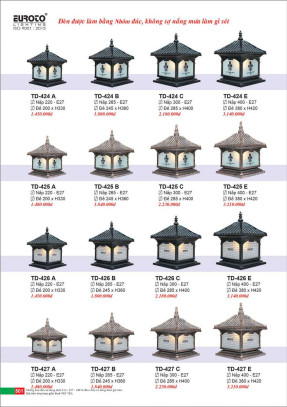 Đèn trụ Euroto TD-424 A, TD-424 B, TD-424 C, TD-424 E, TD-425 A, TD-425 B, TD-425 C, TD-425 E, TD-426 A, TD-426 B, TD-426 C, TD-426 E, TD-427 A, TD-427 B, TD-427 C, TD-427 E