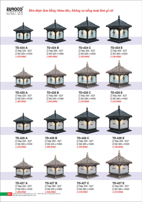 Đèn trụ Euroto TD-424 A, TD-424 B, TD-424 C, TD-424 E, TD-425 A, TD-425 B, TD-425 C, TD-425 E, TD-426 A, TD-426 B, TD-426 C, TD-426 E, TD-427 A, TD-427 B, TD-427 C, TD-427 E