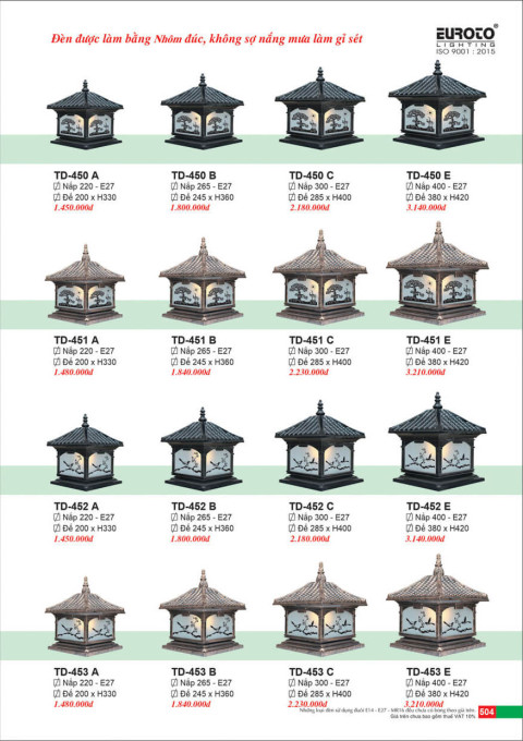 Đèn trụ Euroto TD-450 A, TD-450 B, TD-450 C, TD-450 E, TD-451 A, TD-451 B, TD-451 C, TD-451 E, TD-452 A, TD-452 B, TD-452 C, TD-452 E, TD-453 A, TD-453 B, TD-453 C, TD-453 E