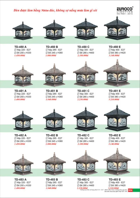 Đèn trụ Euroto TD-450 A, TD-450 B, TD-450 C, TD-450 E, TD-451 A, TD-451 B, TD-451 C, TD-451 E, TD-452 A, TD-452 B, TD-452 C, TD-452 E, TD-453 A, TD-453 B, TD-453 C, TD-453 E