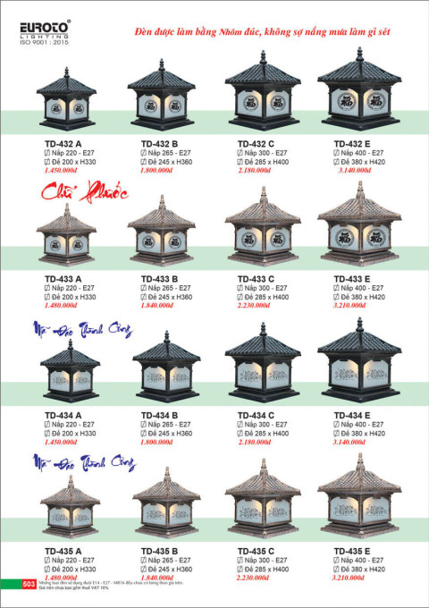 Đèn trụ Euroto TD-432 A, TD-432 B, TD-432 C, TD-432 E, TD-433 A, TD-433 B, TD-433 C, TD-433 E, TD-434 A, TD-434 B, TD-434 C, TD-434 E, TD-435 A, TD-435 B, TD-435 C, TD-435 E