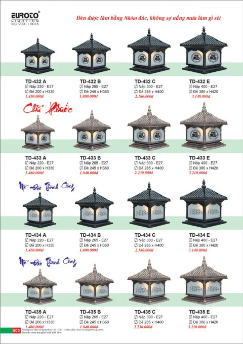 Đèn trụ Euroto TD-432 A, TD-432 B, TD-432 C, TD-432 E, TD-433 A, TD-433 B, TD-433 C, TD-433 E, TD-434 A, TD-434 B, TD-434 C, TD-434 E, TD-435 A, TD-435 B, TD-435 C, TD-435 E