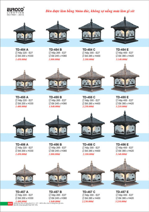 Đèn trụ Euroto TD-454 A, TD-454 B, TD-454 C, TD-454 E, TD-455 A, TD-455 B, TD-455 C, TD-455 E, TD-456 A, TD-456 B, TD-456 C, TD-456 E, TD-457 A, TD-457 B, TD-457 C, TD-457 E