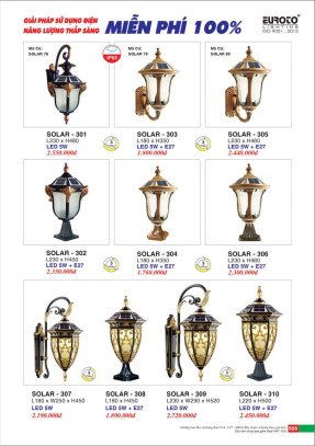 Đèn trụ năng lượng mặt trời Euroto Solar 301, Solar 302, Solar 303, Solar 304, Solar 305, Solar 306, Solar 307, Solar 308, Solar 309, Solar 310