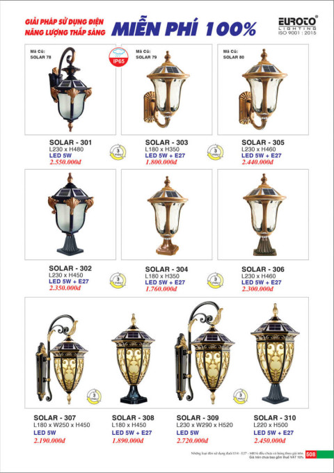 Đèn trụ năng lượng mặt trời Euroto Solar 301, Solar 302, Solar 303, Solar 304, Solar 305, Solar 306, Solar 307, Solar 308, Solar 309, Solar 310