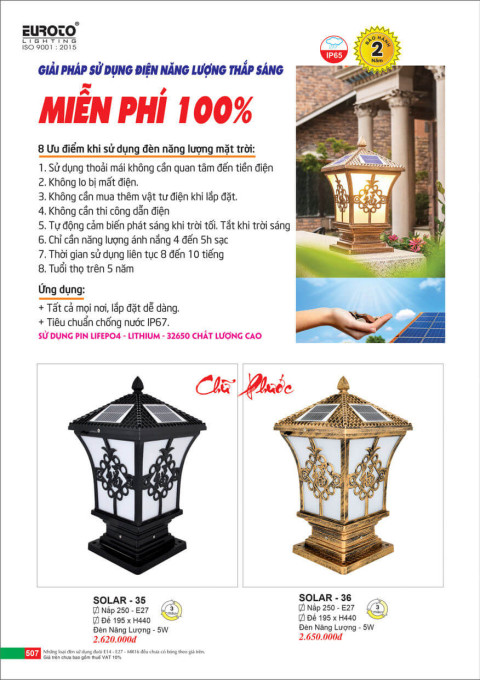 Đèn trụ năng lượng mặt trời Euroto Solar 35, Solar 36