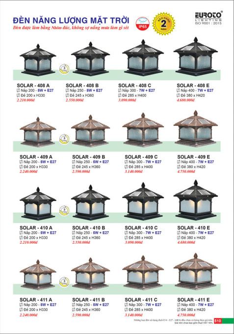 Đèn trụ năng lượng mặt trời Euroto Solar 408 A, 408 B, 408 C, 408 E, 409 A, 409 B, 409 C, 409 E, 410 A, 410 B, 410 C, 410 E, 411 A, 411 B, 411 C, 411 E