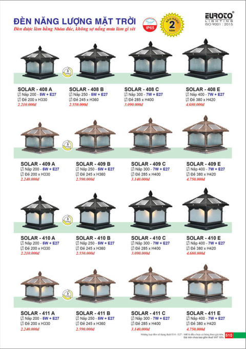Đèn trụ năng lượng mặt trời Euroto Solar 408 A, 408 B, 408 C, 408 E, 409 A, 409 B, 409 C, 409 E, 410 A, 410 B, 410 C, 410 E, 411 A, 411 B, 411 C, 411 E