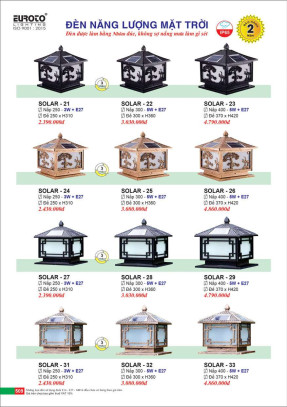 Đèn trụ năng lượng mặt trời Euroto Solar 21, Solar 22, Solar 23, Solar 24, Solar 25, Solar 26, Solar 27, Solar 28, Solar 29, Solar 30, Solar 31, Solar 32, Solar 33