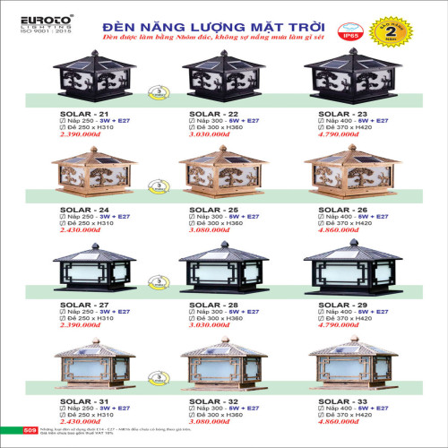 Đèn trụ năng lượng mặt trời Euroto Solar 21, Solar 22, Solar 23, Solar 24, Solar 25, Solar 26, Solar 27, Solar 28, Solar 29, Solar 30, Solar 31, Solar 32, Solar 33