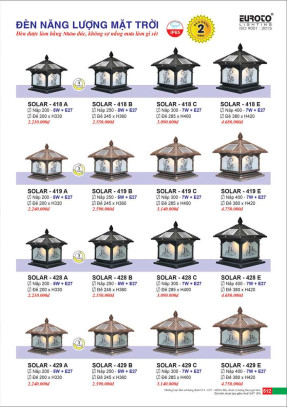 Đèn trụ năng lượng mặt trời Euroto Solar 418 A, 418 B, 418 C, 418 E, 419 A, 419 B, 419 C, 419 E, 428 A, 428 B, 428 C, 428 E, 429 A, 429 B, 429 C, 429 E