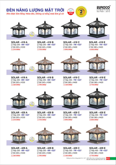 Đèn trụ năng lượng mặt trời Euroto Solar 418 A, 418 B, 418 C, 418 E, 419 A, 419 B, 419 C, 419 E, 428 A, 428 B, 428 C, 428 E, 429 A, 429 B, 429 C, 429 E