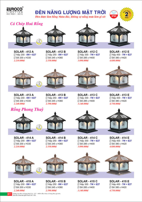 Đèn trụ năng lượng mặt trời Euroto Solar 412 A, 412 B, 412 C, 412 E, 413 A, 413 B, 413 C, 413 E, 414 A, 414 B, 414 C, 414 E 415 A, 415 B, 415 C, 415 E