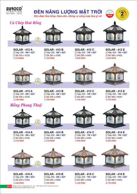 Đèn trụ năng lượng mặt trời Euroto Solar 412 A, 412 B, 412 C, 412 E, 413 A, 413 B, 413 C, 413 E, 414 A, 414 B, 414 C, 414 E 415 A, 415 B, 415 C, 415 E
