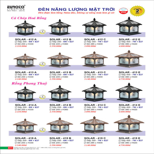 Đèn trụ năng lượng mặt trời Euroto Solar 412 A, 412 B, 412 C, 412 E, 413 A, 413 B, 413 C, 413 E, 414 A, 414 B, 414 C, 414 E 415 A, 415 B, 415 C, 415 E