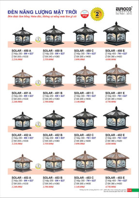 Đèn trụ năng lượng mặt trời Euroto Solar 450 A, 450 B, 450 C, 450 E, 451 A, 451 B, 451 C, 451 E, 452 A, 452 B, 452 C, 452 E, 453 A, 453 B, 453 C, 453 E