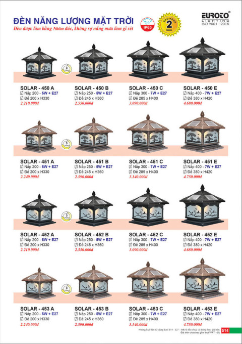 Đèn trụ năng lượng mặt trời Euroto Solar 450 A, 450 B, 450 C, 450 E, 451 A, 451 B, 451 C, 451 E, 452 A, 452 B, 452 C, 452 E, 453 A, 453 B, 453 C, 453 E