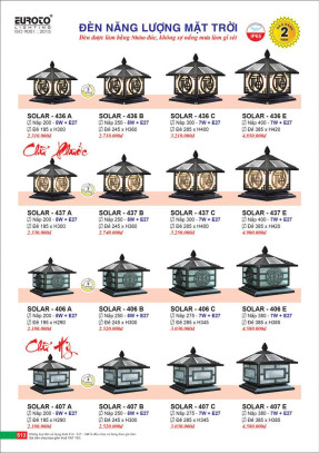 Đèn trụ năng lượng mặt trời Euroto Solar 436 A, 436 B, 436 C, 436 E, 437 A, 437 B, 437 C, 437 E, 406 A, 406 B, 406 C, 406 E, 407 A, 407 B, 407 C, 407 E