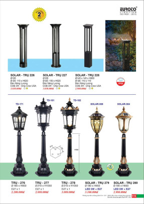 Đèn trụ năng lượng mặt trời Euroto Solar Trụ 226, Solar Trụ 227, Solar Trụ 228, Trụ 276, Trụ 277, Trụ 278, Solar Trụ 279, Solar Trụ 280