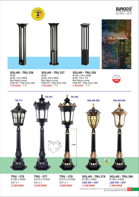 Đèn trụ năng lượng mặt trời Euroto Solar Trụ 226, Solar Trụ 227, Solar Trụ 228, Trụ 276, Trụ 277, Trụ 278, Solar Trụ 279, Solar Trụ 280