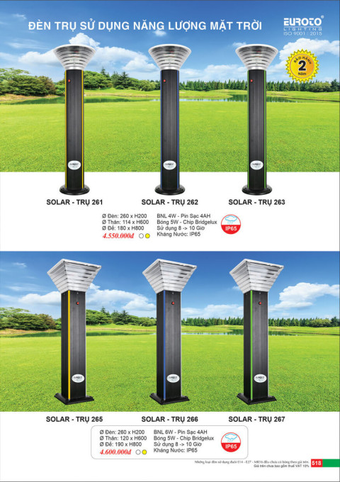 Đèn trụ năng lượng mặt trời Euroto Solar Trụ 261, Solar Trụ 262, Solar Trụ 263, Solar Trụ 265, Solar Trụ 266, Solar Trụ 267