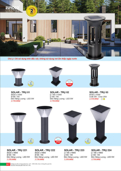 Đèn trụ năng lượng mặt trời Euroto Solar Trụ 81, Solar Trụ 82, Solar Trụ 83, Solar Trụ 221, Solar Trụ 222, Solar Trụ 223, Solar Trụ 224
