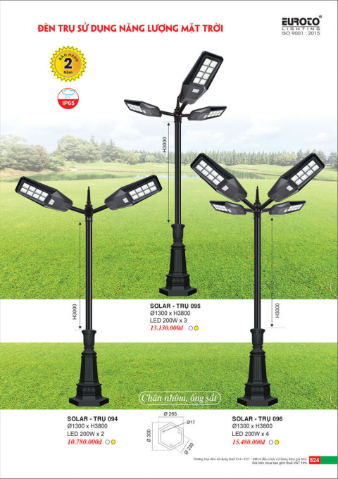 Đèn trụ năng lượng mặt trời Euroto Solar Trụ 094, Solar Trụ 095, Solar Trụ 096