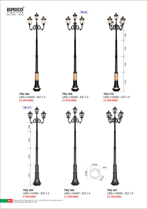 Đèn trụ Euroto Trụ 305, Trụ 306, Trụ 307, Trụ 308, Trụ 309, Trụ 310