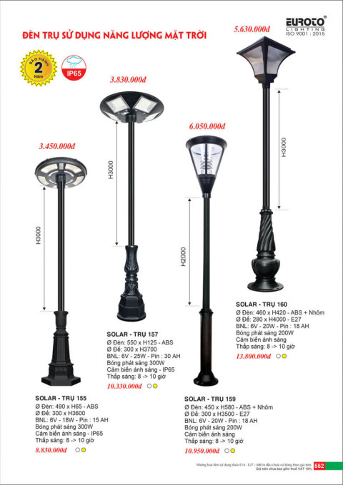Đèn trụ solar Euroto Trụ 155, Trụ 157, Trụ 159, Trụ 160