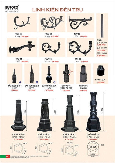 Chân đế, đầu ngọn, tay, linh kiện đèn trụ Euroto